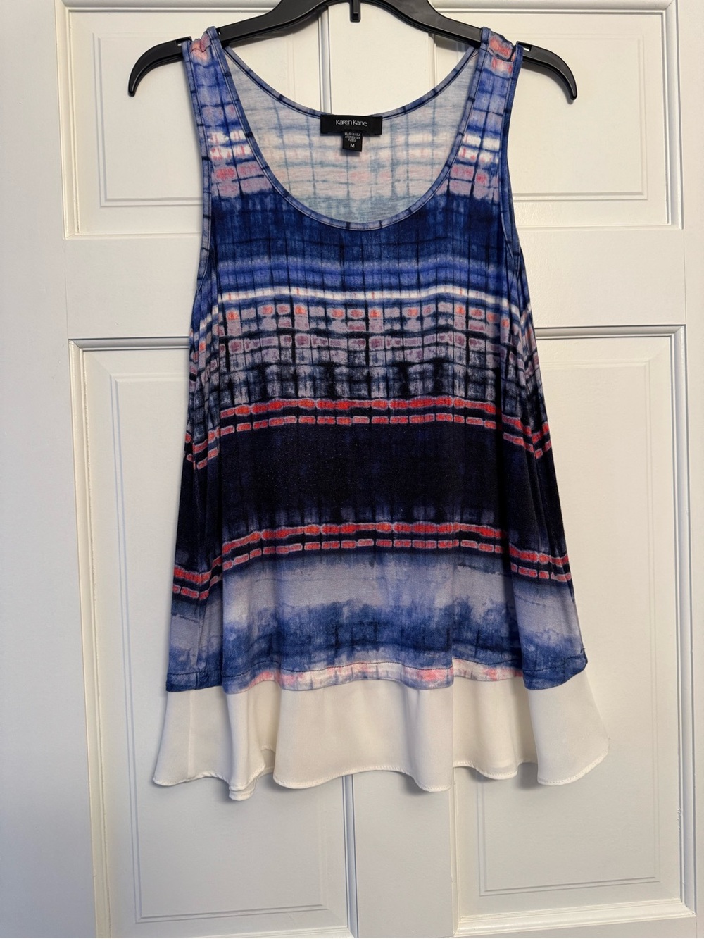 Karen Kane Navy and Blue Tie-Dye Scoop Neck Tank with Cream Hem